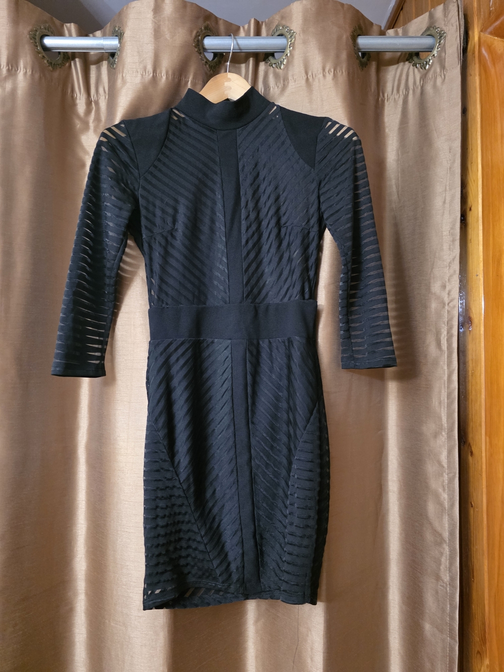 Black Sheer-Stripe Mini Dress with Mock Neck